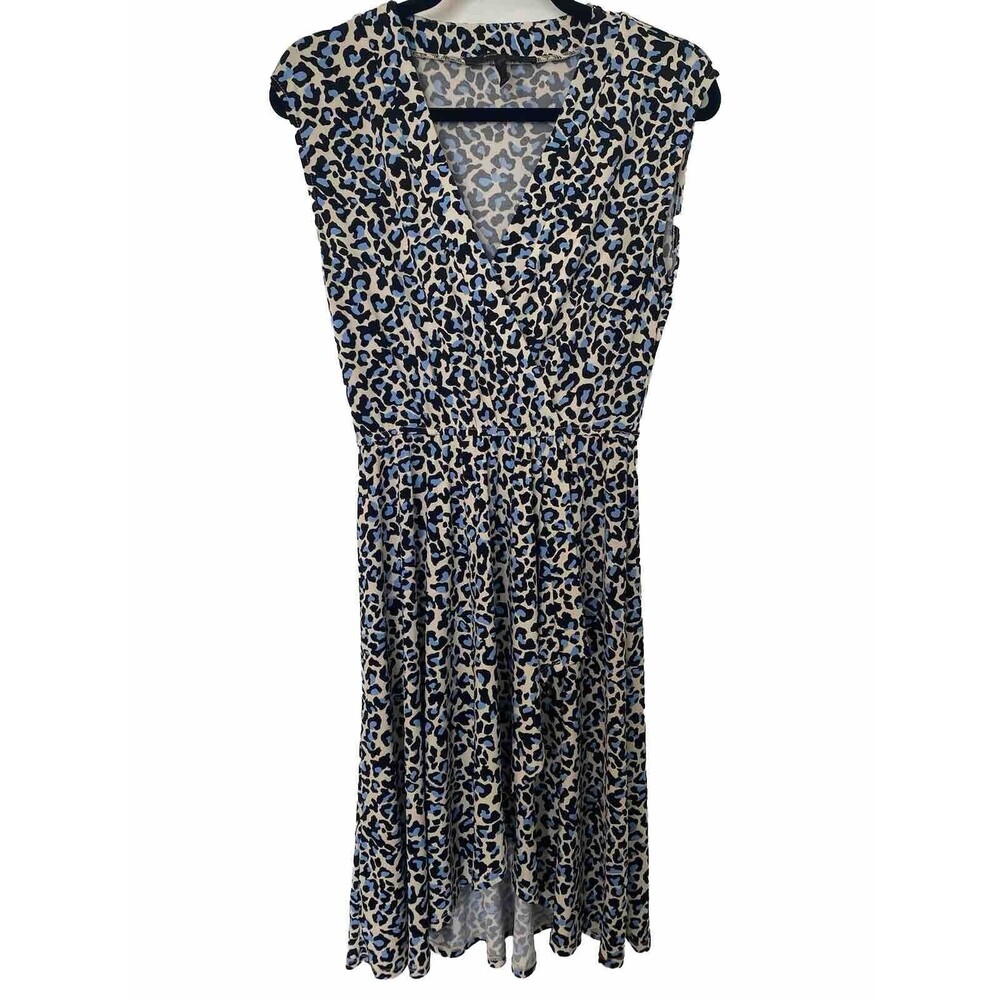 BCBG Womens Sz XS MaxAzria High Low Wrap Leopard Print Dress Cadet Blue NWT $178